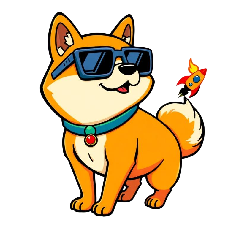 DogCoin pointing dramatically at the button